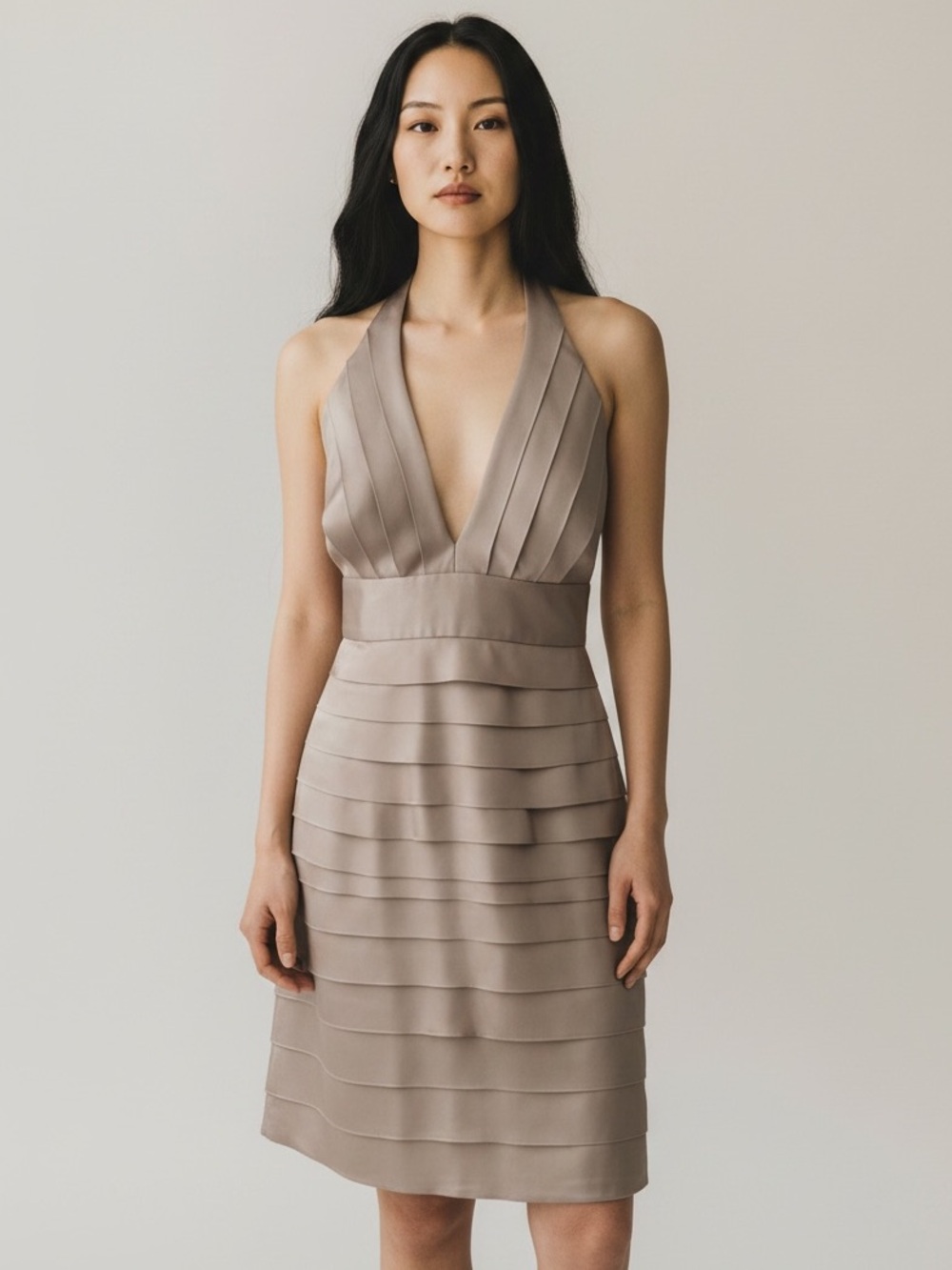 NINE WEST Women’s Dress Champagne Tiered Pleated Satin Halter Size 12